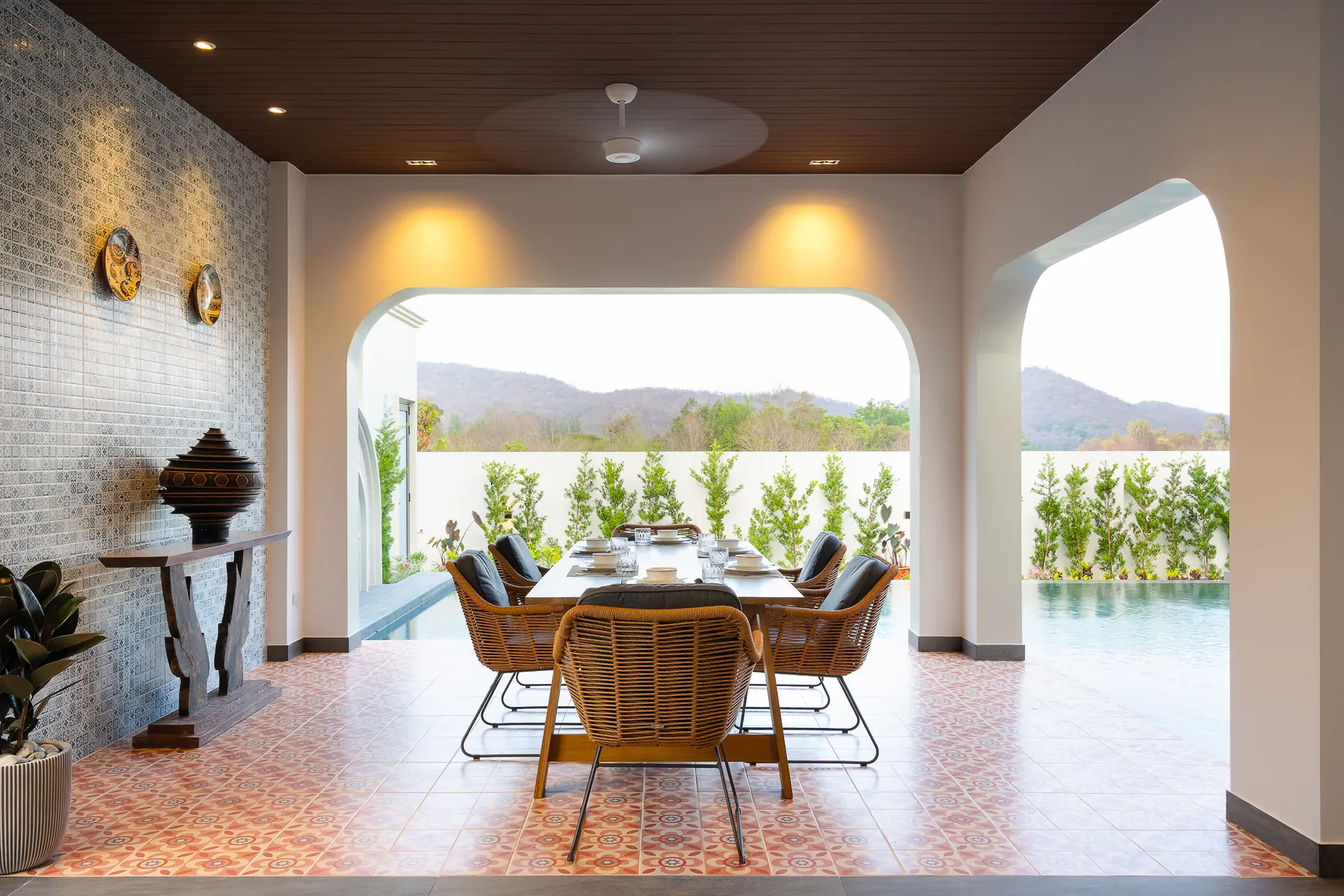Covered dining terrace with a mountain view in Hua Hin